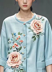 Plus Size Blue O-Neck Floral Button Top Summer