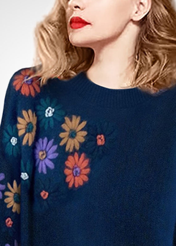 Plus Size Blue O-Neck Floral Embroideried Wool Sweaters Winter