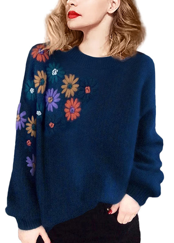 Plus Size Blue O-Neck Floral Embroideried Wool Sweaters Winter