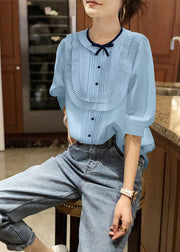 Plus Size Blue O-Neck Patchwork Bow Wrinkled Chiffon Shirt Bracelet Sleeve