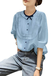 Plus Size Blue O-Neck Patchwork Bow Wrinkled Chiffon Shirt Bracelet Sleeve