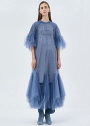 Plus Size Blue O-Neck Patchwork Tulle Maxi Dresses Half Sleeve