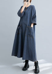 Plus Size Blue O Neck Pockets Patchwork Denim Long Dresses Fall