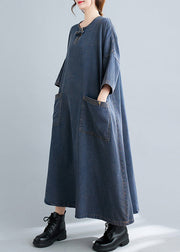 Plus Size Blue O Neck Pockets Patchwork Denim Long Dresses Fall