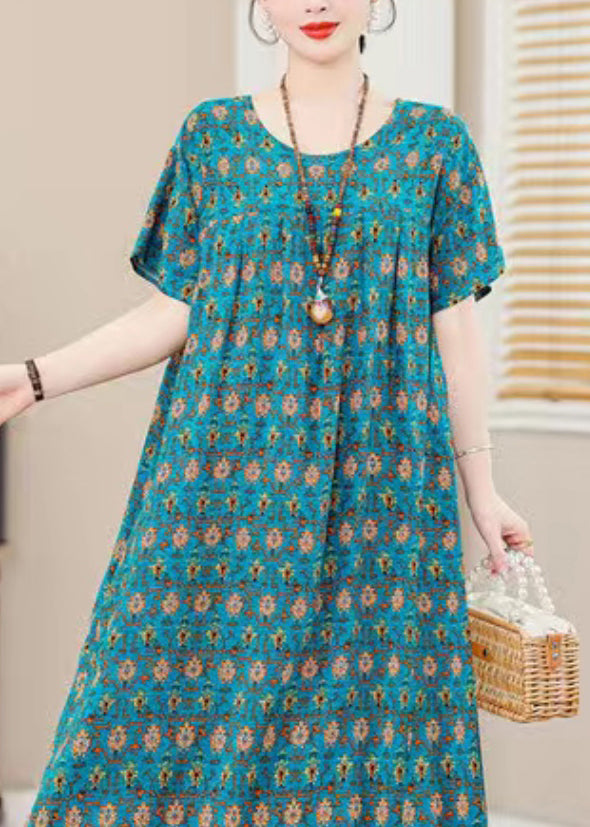 Plus Size Blue O-Neck Print Holiday Long Dress Short Sleeve