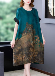 Plus Size Blue O Neck Print Patchwork Silk Dress Summer