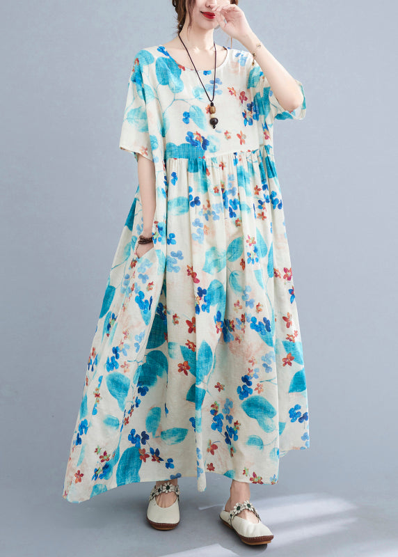 Plus Size Blue O Neck Print Pockets Cotton Dress Summer