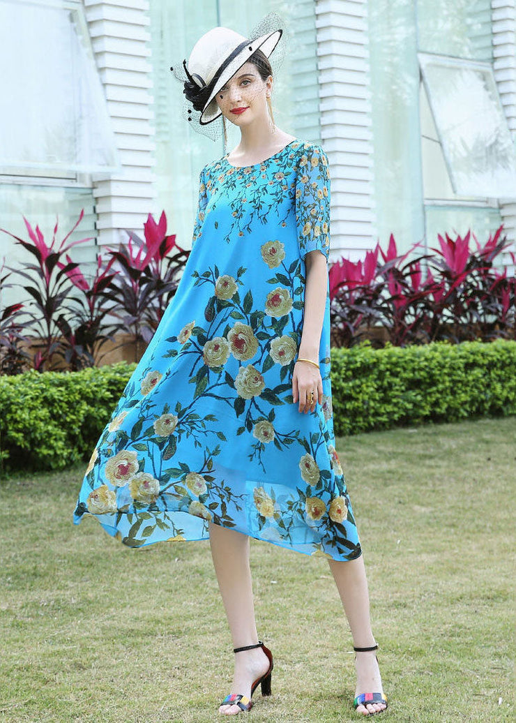 Plus Size Blue O-Neck Print Silk Vacation Dress Summer