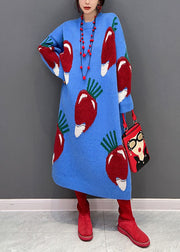 Plus Size Blue O Neck Strawberry Jacquard Long Knit Dress Winter