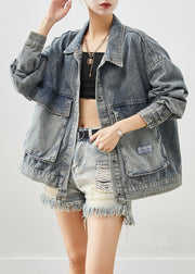 Plus Size Blue Oversized Pockets Applique Denim Coats Fall