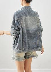 Plus Size Blue Oversized Pockets Applique Denim Coats Fall