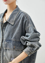 Plus Size Blue Oversized Pockets Applique Denim Coats Fall