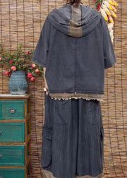 Plus Size Blue Patchwork Hooded Top And Wide Leg Pants Two Pieces Set Summer