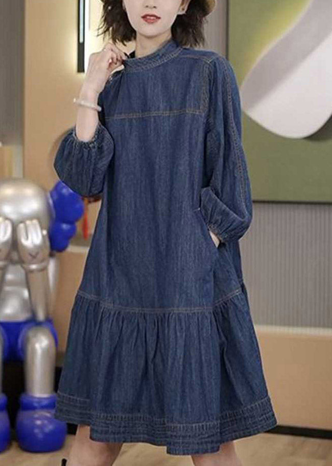 Plus Size Blue Patchwork Wrinkled Denim Mid Dresses Long Sleeve