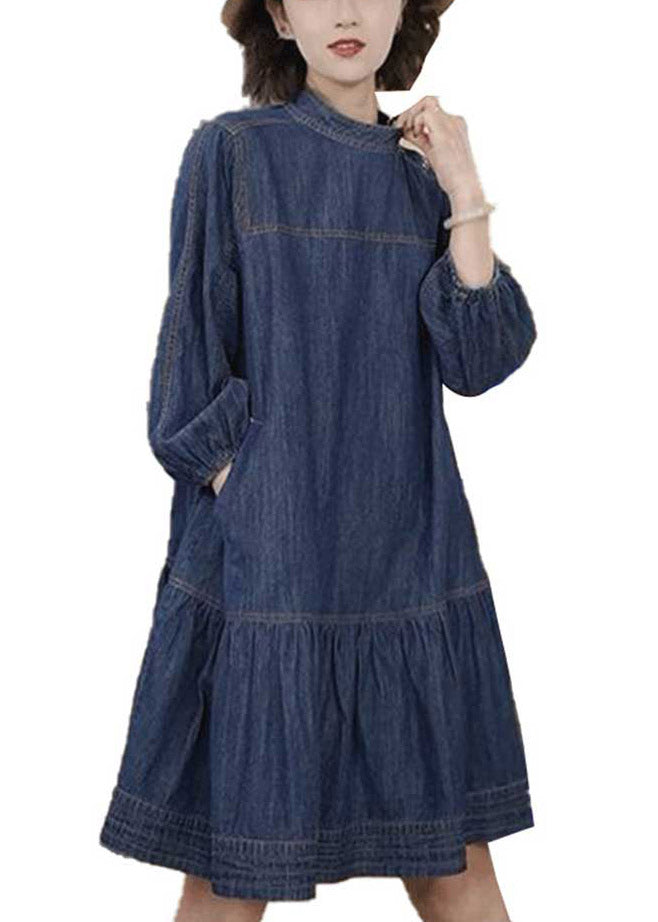 Plus Size Blue Patchwork Wrinkled Denim Mid Dresses Long Sleeve