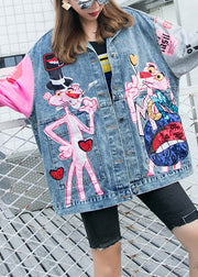 Plus Size Blue Peter Pan Collar Pink Leopard Print Patchwork Sequins Button Denim Coat Long Sleeve