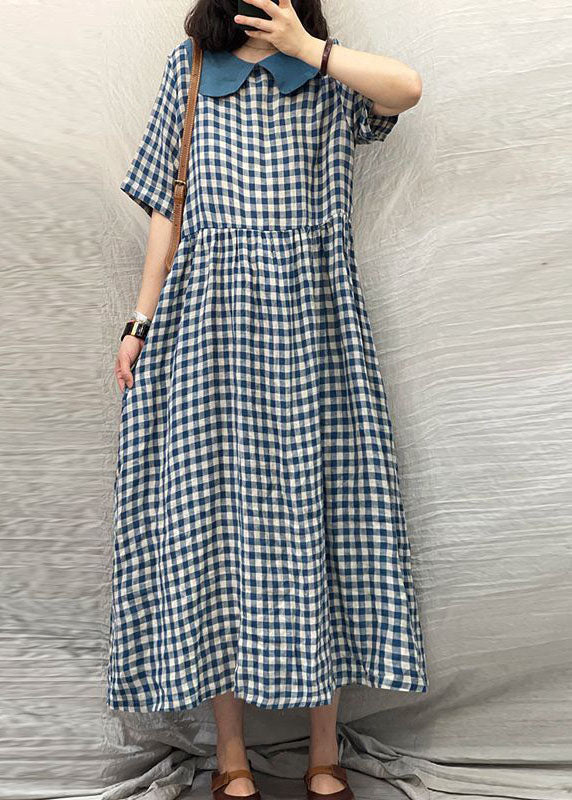 Plus Size Blue Peter Pan Collar Plaid Linen Dresses Summer