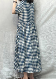 Plus Size Blue Peter Pan Collar Plaid Linen Dresses Summer