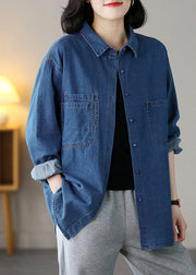 Plus Size Blue Peter Pan Collar Pockets Cotton Denim Shirts Spring