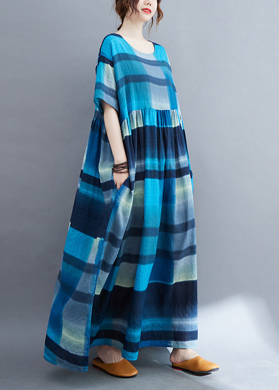 Plus Size Blue Plaid O-Neck Patchwork Maxi Dresses Summer