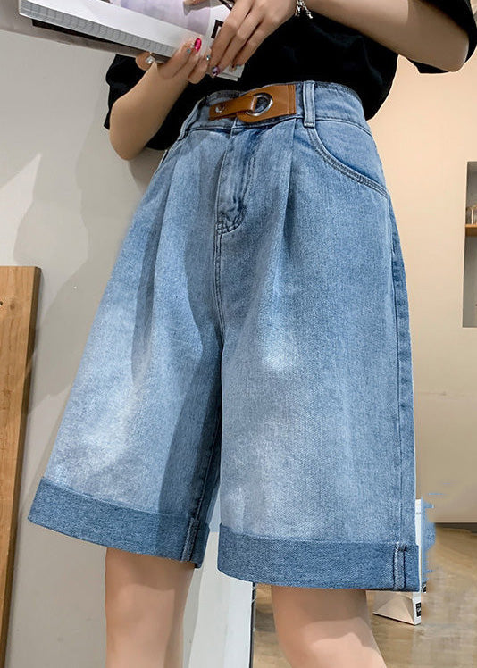 Plus Size Blue Pockets Patchwork Sashes Shorts Summer