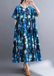 Plus Size Blue Print Patchwork Vacation Maxi Dresses Short Sleeve