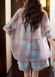 Plus Size Blue Print Shirt And Shorts Chiffon Two Pieces Set Half Sleeve