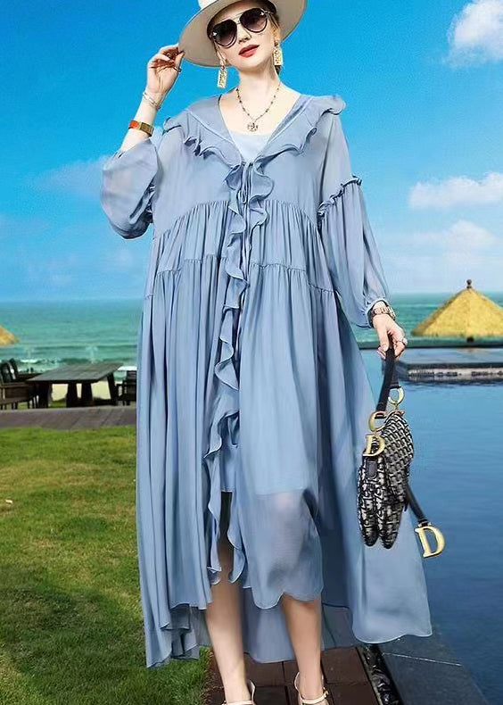 Plus Size Blue Ruffled Asymmetrical Patchwork Silk Vacation Dresses Summer