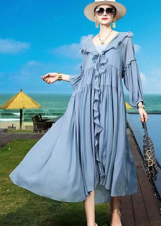 Plus Size Blue Ruffled Asymmetrical Patchwork Silk Vacation Dresses Summer