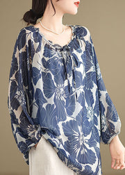 Plus Size Blue Ruffled Lace Up Print Chiffon Shirt Tops Summer