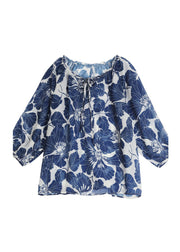Plus Size Blue Ruffled Lace Up Print Chiffon Shirt Tops Summer