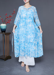 Plus Size Blue Ruffled Patchwork Exra Large Hem Chiffon Beach Dresses Bracelet Sleeve