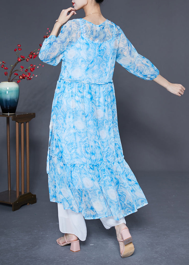 Plus Size Blue Ruffled Patchwork Exra Large Hem Chiffon Beach Dresses Bracelet Sleeve