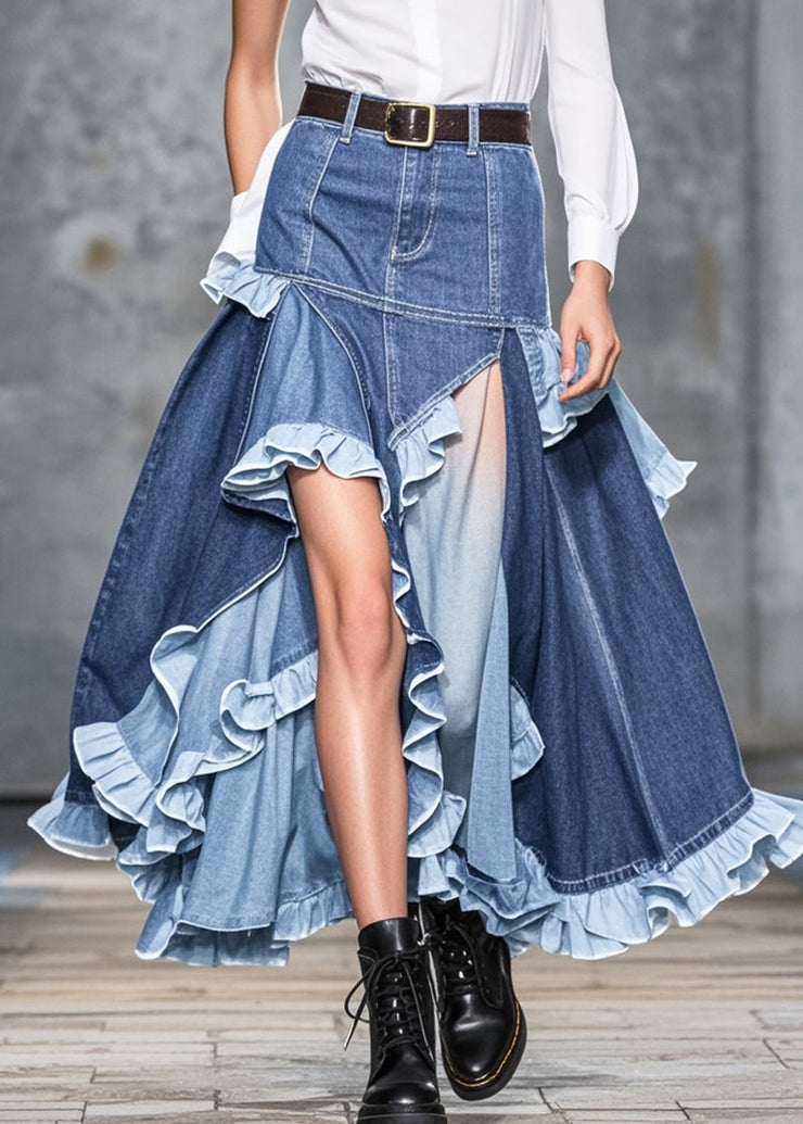 Plus Size Blue Ruffled Patchwork Low High Design Denim Skirts Spring