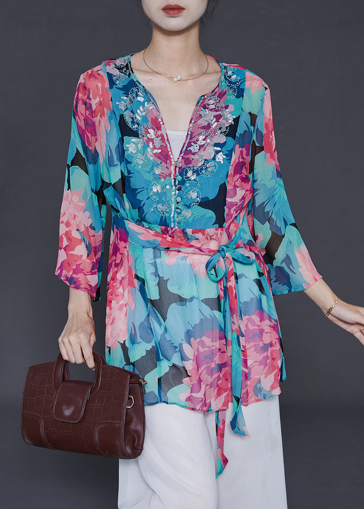 Plus Size Blue Sequins Print Chiffon Shirt Top Summer