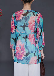 Plus Size Blue Sequins Print Chiffon Shirt Top Summer