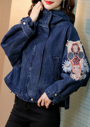 Plus Size Blue Stand Collar Embroideried Denim Coats Spring