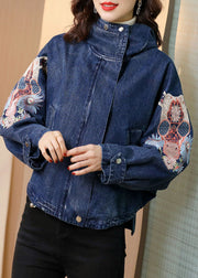 Plus Size Blue Stand Collar Embroideried Denim Coats Spring