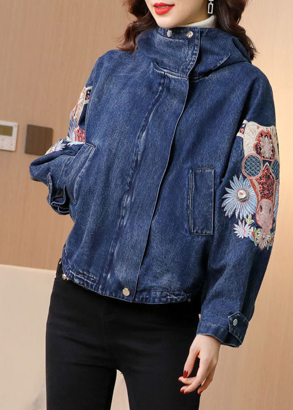 Plus Size Blue Stand Collar Embroideried Denim Coats Spring