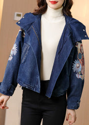 Plus Size Blue Stand Collar Embroideried Denim Coats Spring