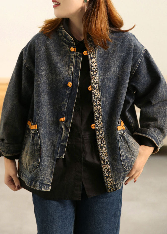 Plus Size Blue Stand Collar Oriental Button Pockets Patchwork Cotton Denim Coat Outwear Long Sleeve