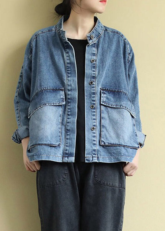 Plus Size Blue Stand Collar Patchwork Button Denim Coats Long Sleeve