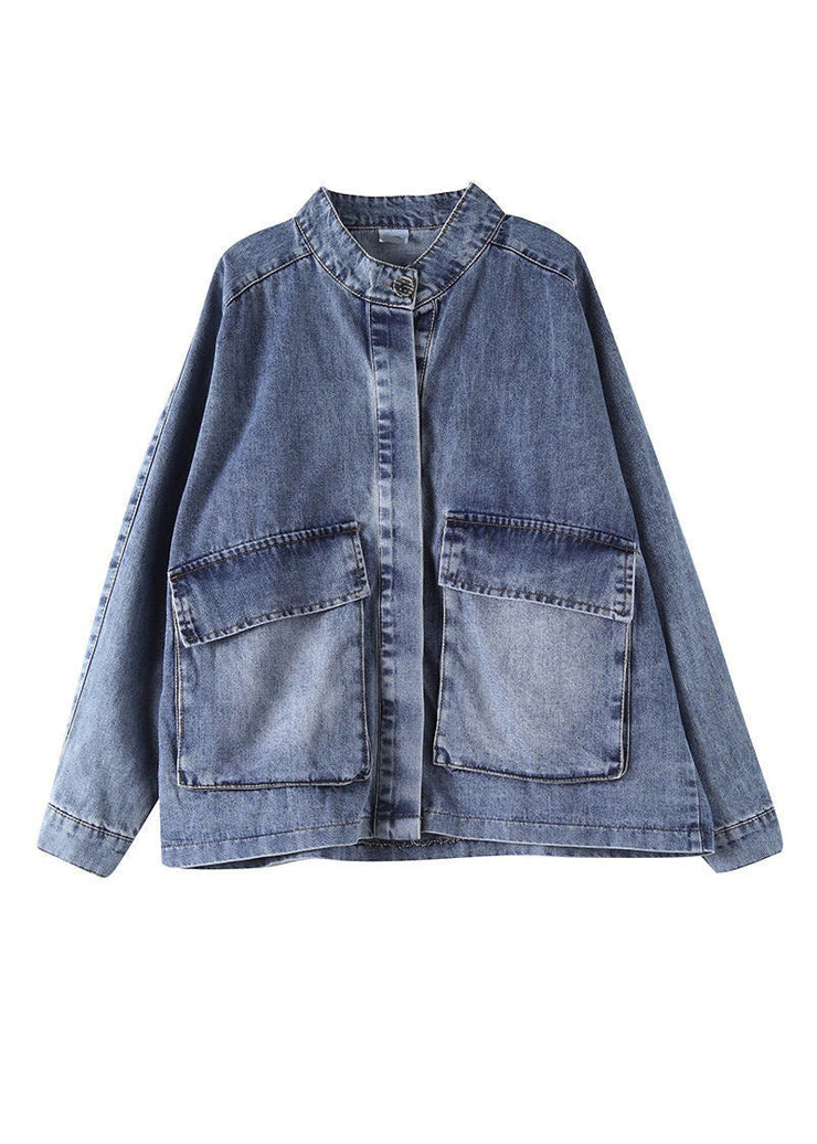 Plus Size Blue Stand Collar Patchwork Button Denim Coats Long Sleeve