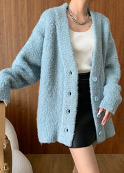 Plus Size Blue V Neck Button Woolen Cardigans Fall