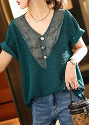 Plus Size Blue V Neck Organza Patchwork Tops Short Sleeve