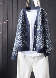 Plus Size Blue V Neck Print Button Knit Cardigans Spring