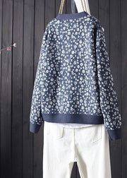 Plus Size Blue V Neck Print Button Knit Cardigans Spring