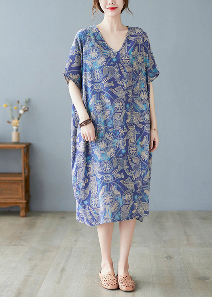 Plus Size Blue V Neck Print Cotton Holiday Dress Summer