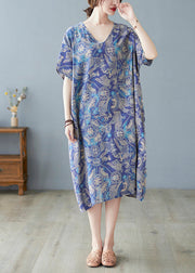 Plus Size Blue V Neck Print Cotton Holiday Dress Summer