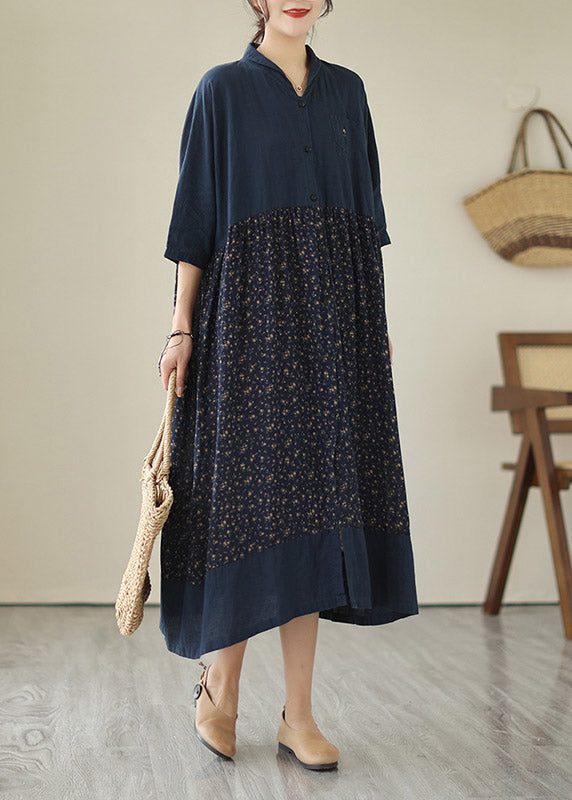 Plus Size Blue V Neck Print Patchwork Button Cotton Long Dresses Summer